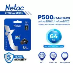 Netac MicroSD P500 Standard MicroSDHC / MicroSDXC 64GB UHS-I Class 10 up to 90MB/s Retail Pack Card