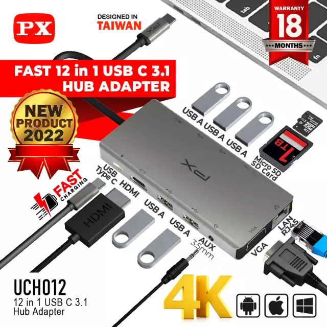 Type C to 12 in 1 (USB A 5x, Type C PD 1x, HDMI 1x, VGA 1x, Aux 1x, MMC/SD Card 1x, LAN RJ45 1x)