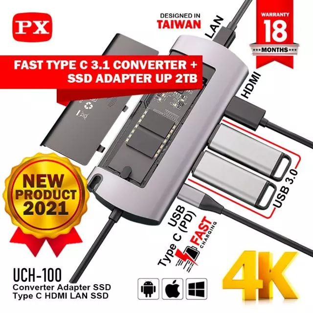 Type C 6 in 1 (USB 2x, HDMI 1x, LAN 1x, Type C 1x, SSD slot (Enclosure)