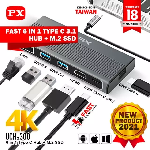 Type C 6 in 1  (USB 2x, HDMI 1x, LAN 1x, Type C 1x, M2. SSD slot (Support NVME + NGFF) SATA