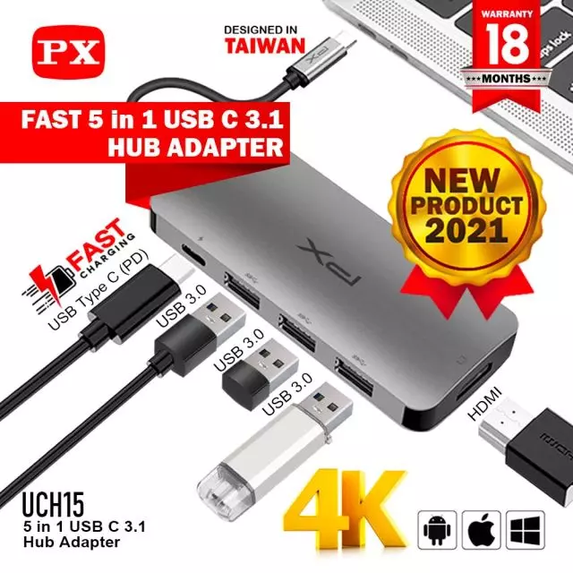 Type C to 5 in 1 (USB 2.0 2x, USB 3.0 1x, Type C 1x, HDMI 1x)