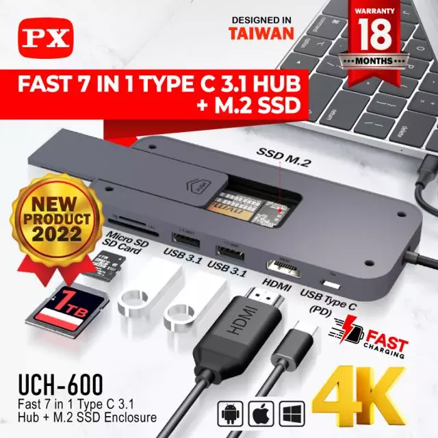 Type C 7 in 1 (USB 2x, HDMI 1x, Type C 1x, MMC/SD Card 1x, M2. SSD slot (Support NVME + NGFF)